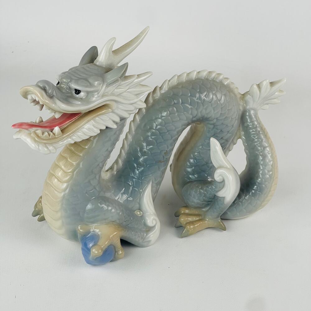 Vintage Japanese Dragon Porcelain Gray/Lt. Blue White Figurine 8" Long